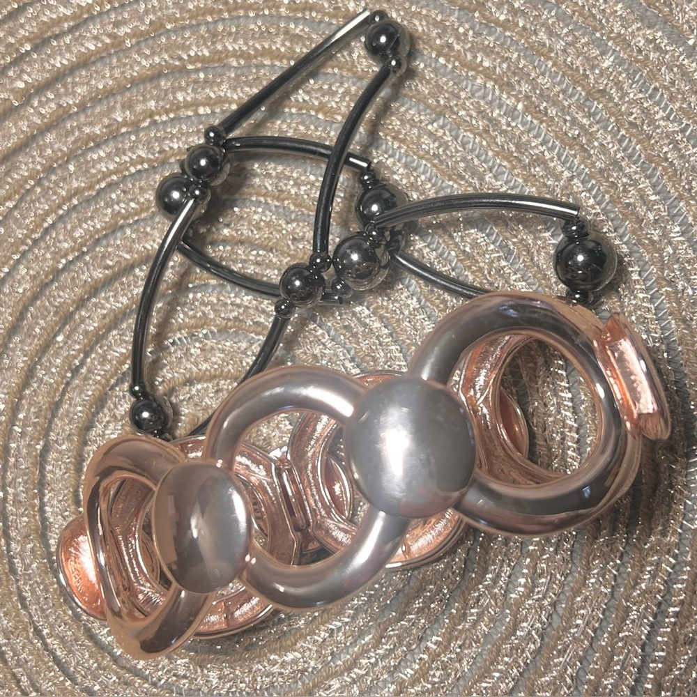 Rose Gold & Gun Metal Color Stretchy Chic 3 Bracelets Stackable Stylish Baddie - Picture 4 of 4